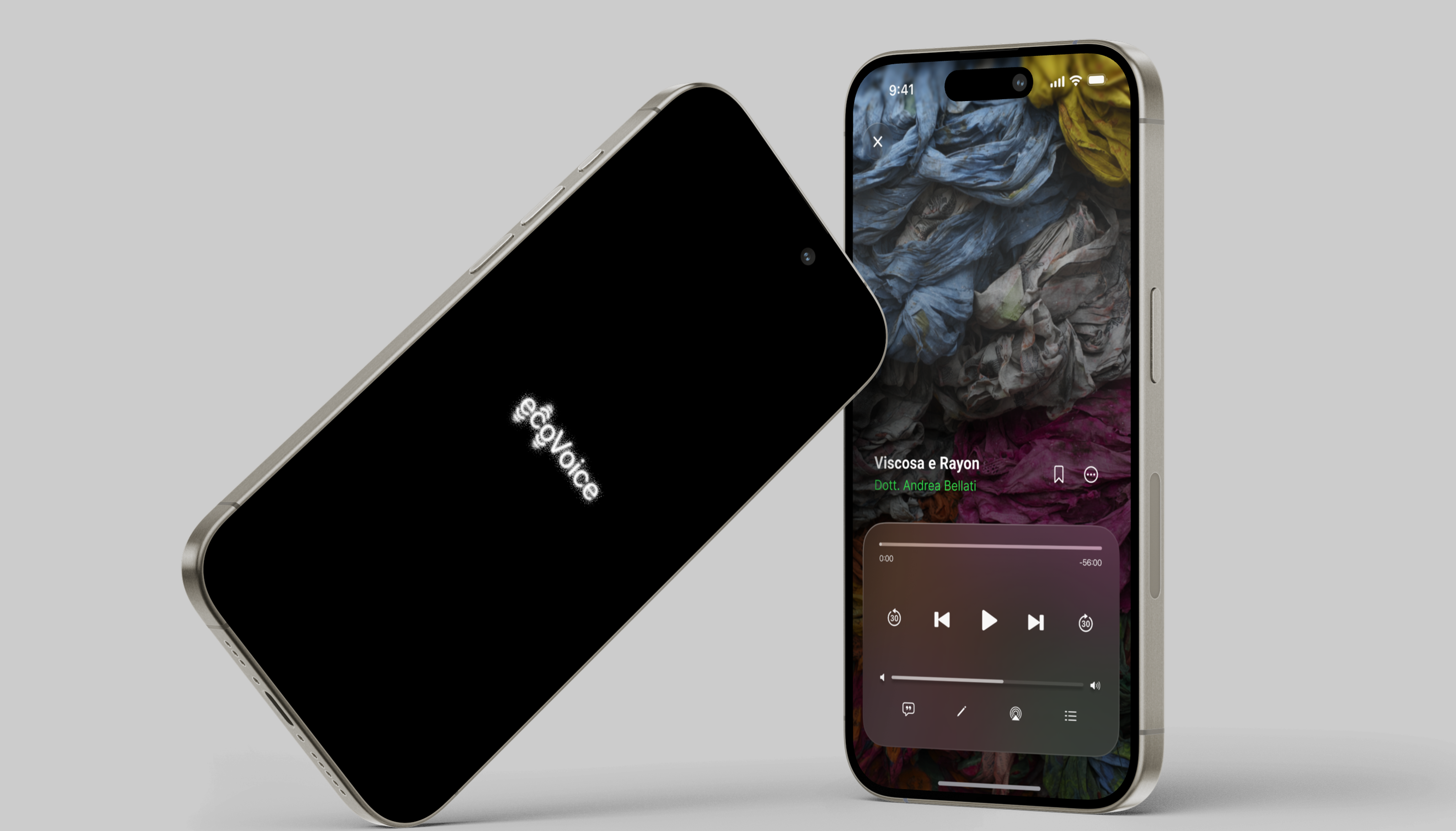 Two smartphones: one displays the ecoVoice logo while the other shows the podcast player.