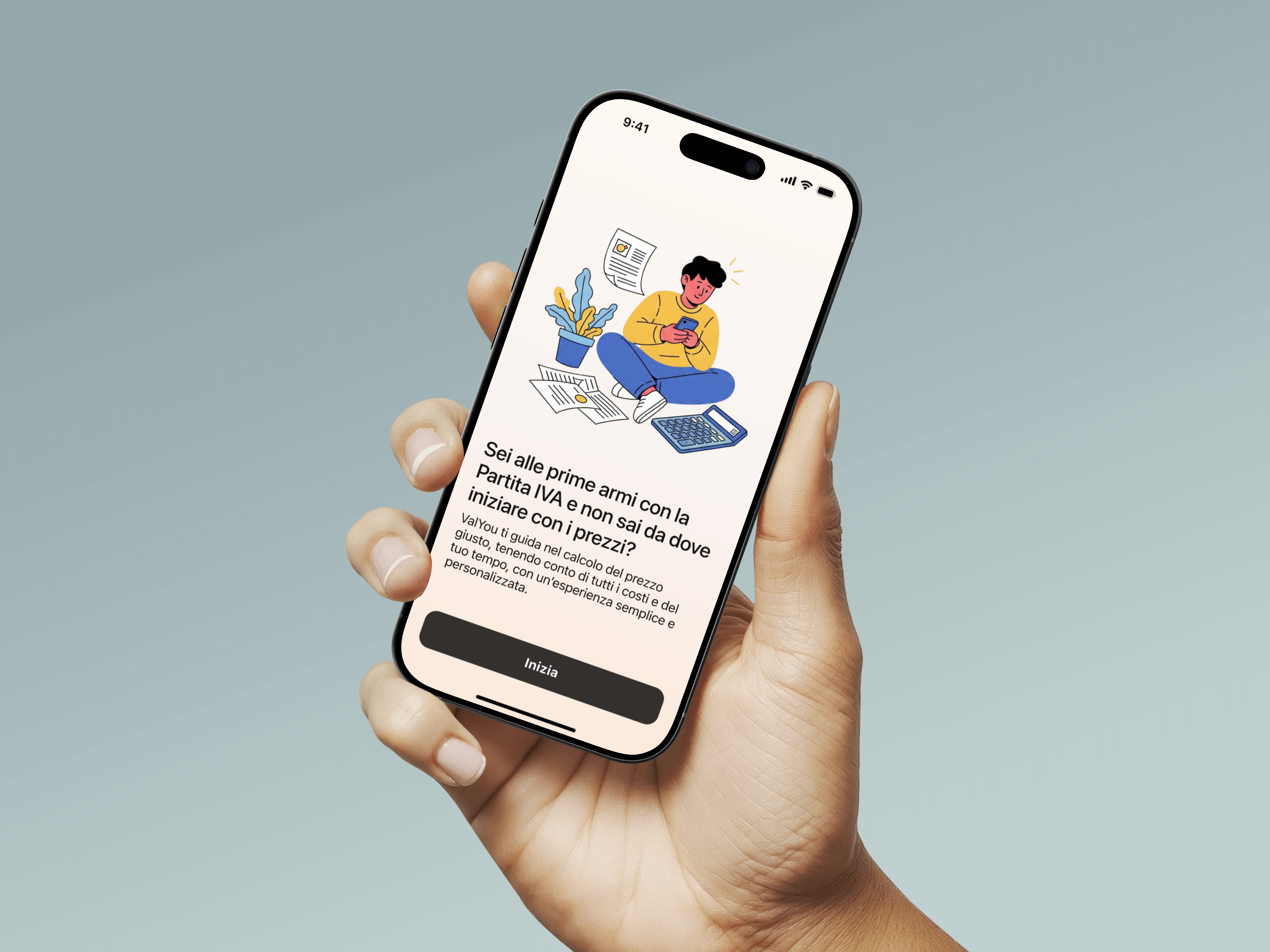 Hand holding a phone. The screen displays a screenshot of the ValYou interface.